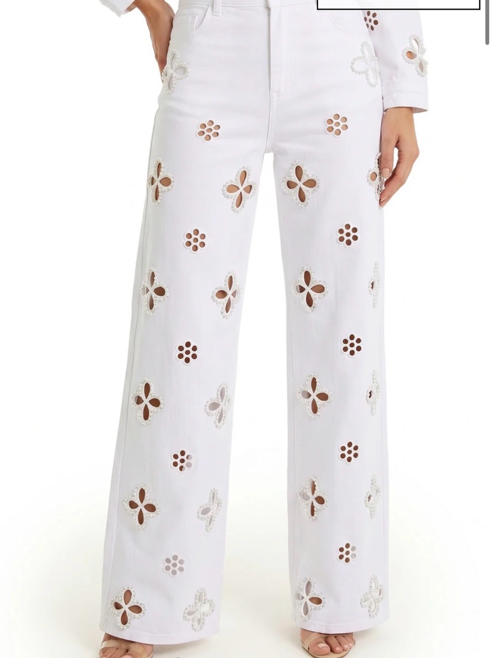 Noli White Eyelet Wide Leg Jeans